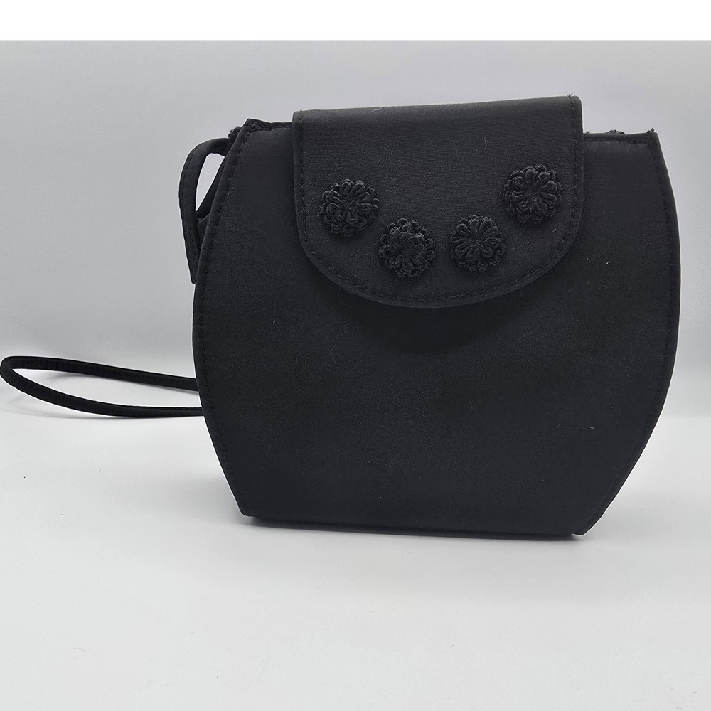 Liz Claiborne Black Satin Crossbody Bag Floral Applique Evening Purse Wallet